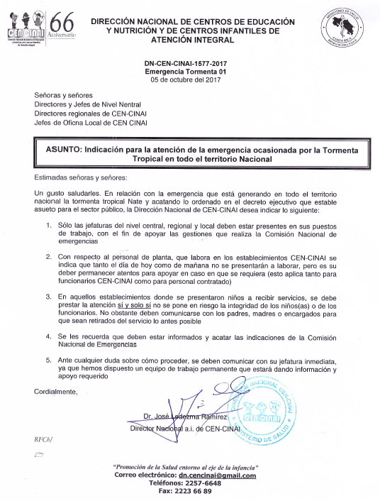 Indicación para la atención de la emergencia ocasionada por la Tormenta Tropical en todo el territorio nacional, Octubre 2017